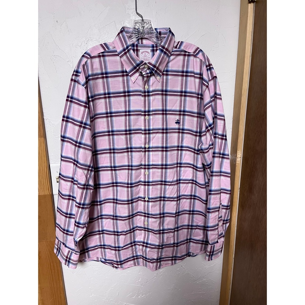 Brooks Brothers 346 Mens XL Pink Plaid Supima Cotton Non-Iron Button Down Shirt